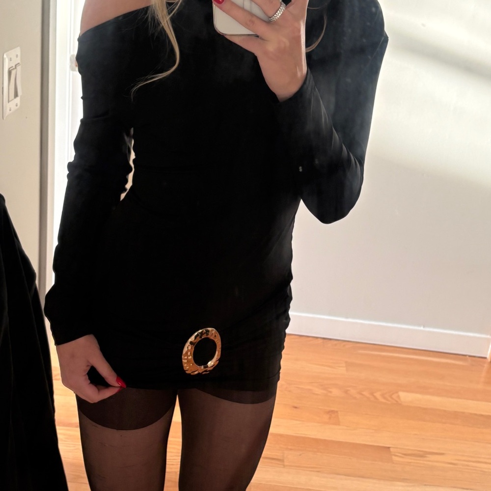 Black Off-Shoulder Dress with gold detailing